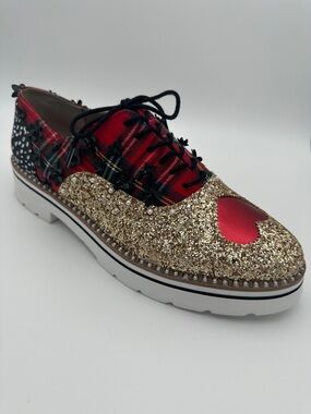 Betsy Johnson Skyyla Lace Up Plarform Oxfords Size 10 Shoes Unique Sparkly Plaid